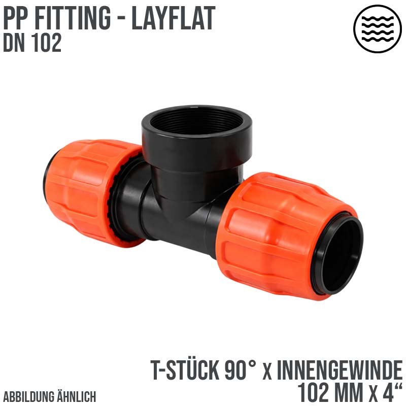 102 mm x 4" PE PP Fitting Layflat Klemm Verbinder T-Stück 90° x Innengewinde IG Flach Schlauch - PN 6 bar