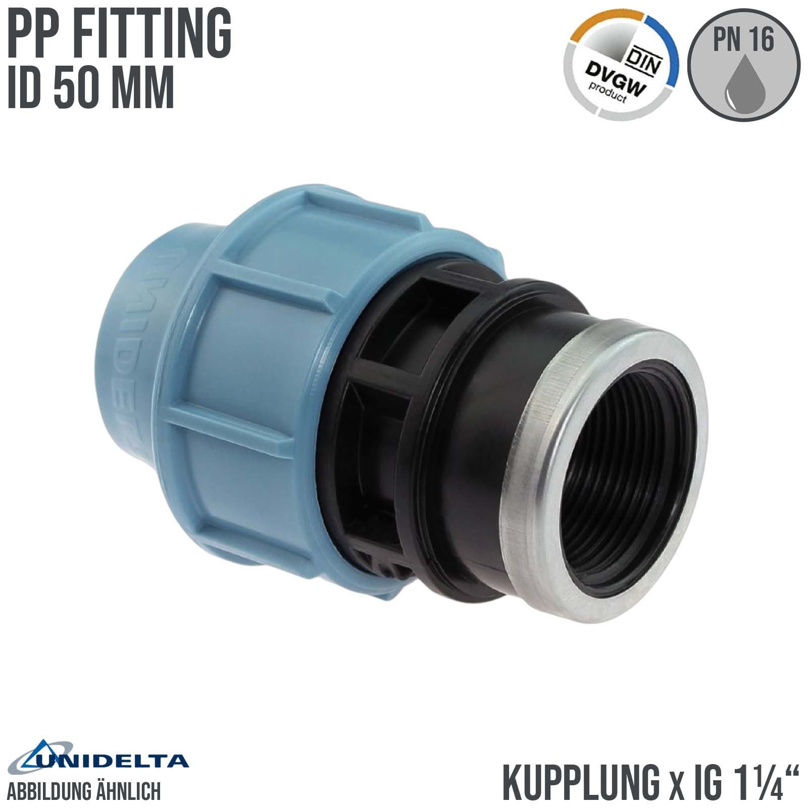 50 mm x 1 1/4" PE PP Fitting Klemm Verbinder Verschraubung Muffe Rohr Kupplung x IG DVGW - Unidelta