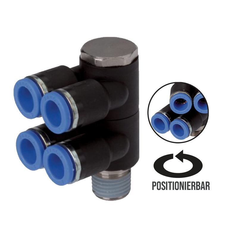 4 mm x 3/8" Pneumatik Steck Verbinder 4-fach Verteiler IQS Außengewinde konisch - PN 20 bar