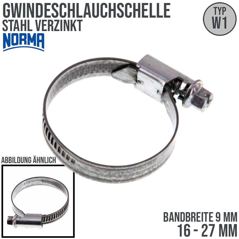 16 - 27 mm NORMA Schlauch Gewinde Rohr Schelle W1 Stahl verzinkt - Band 9 mm