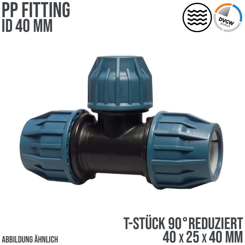 40 x 32 x 40 mm PE PP Fitting Klemm Verbinder Verschraubung Muffe reduziert T-Stück 90° DVGW - PN 16 bar