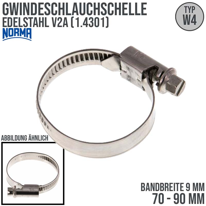 70 - 90 mm NORMA Schlauch Gewinde Rohr Schelle W4 Edelstahl 1.4301 - Band 9 mm