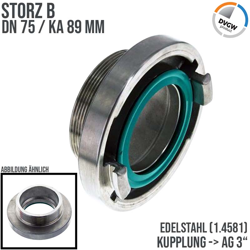 STORZ B DN 75 KA 89 V4A Kupplung mit Außengewinde (AG) 3" Saug Bau Feuerwehr Schlauch KTW FKM - PN 16 bar