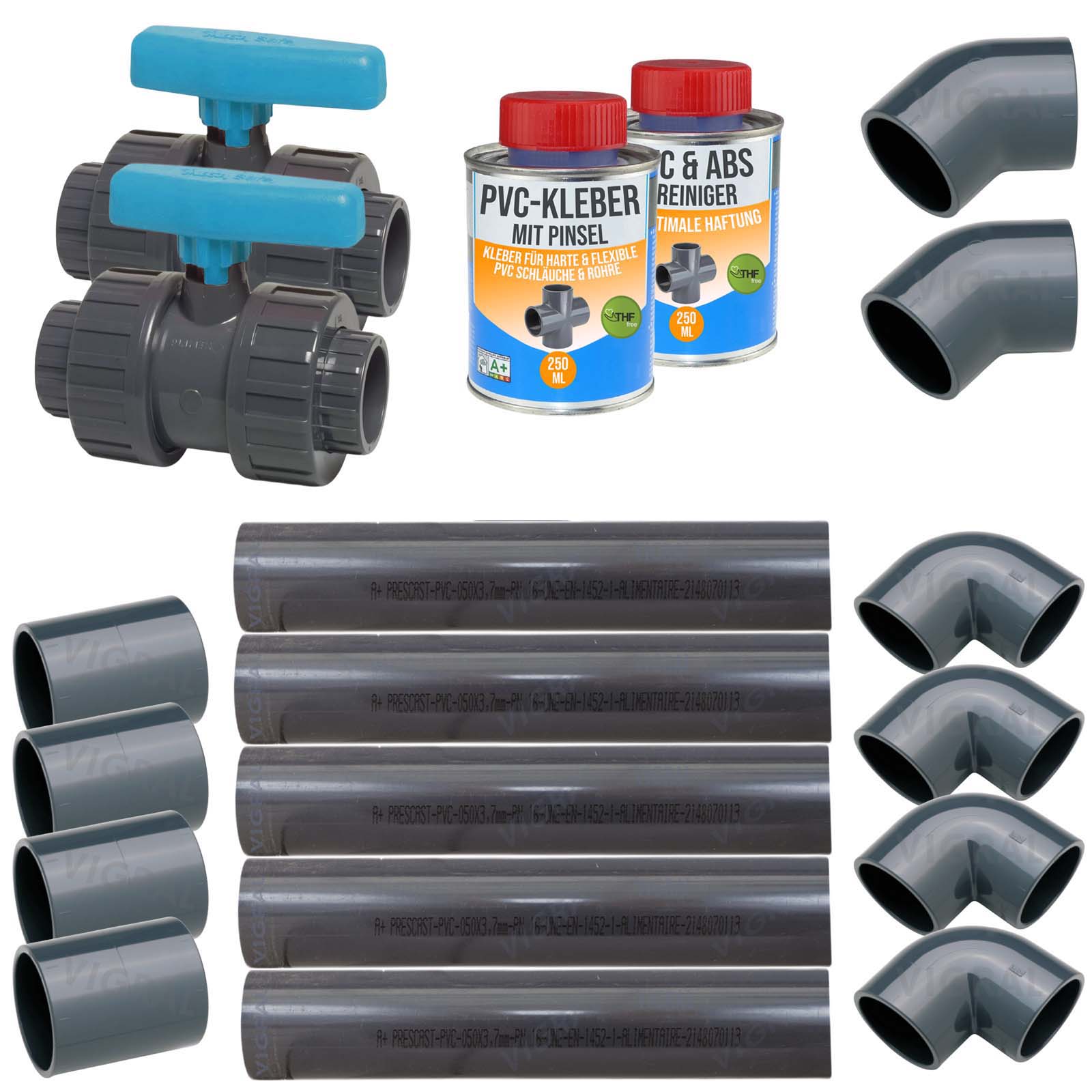63 mm PVC Klebe Fittings Verrohrungspaket Pool Schwimmbad Schlauch Rohr FEST - 5 m - blau