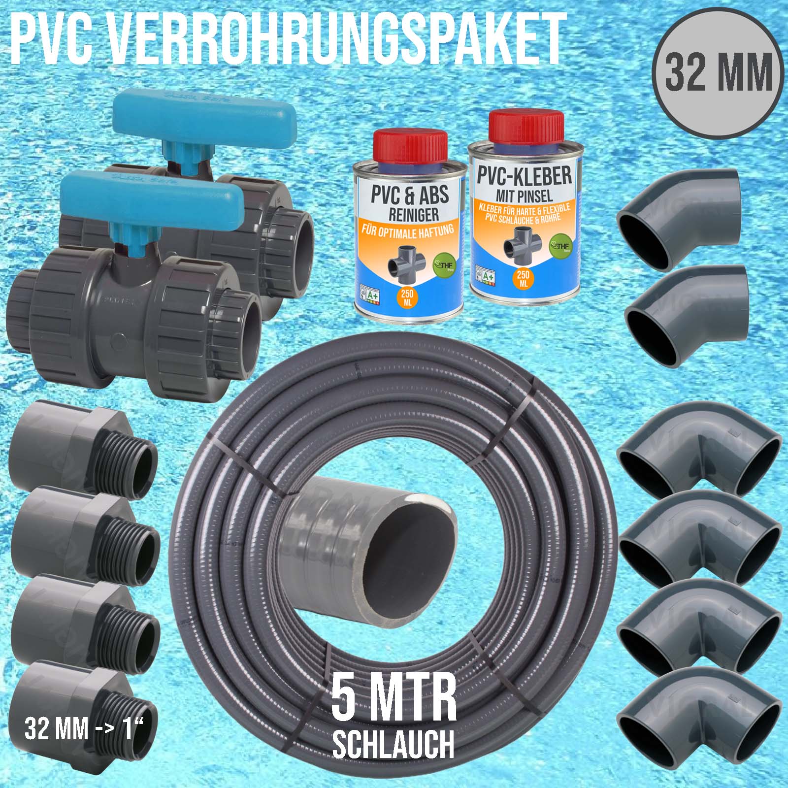 32 mm PVC Klebe Fittings Verrohrungspaket Pool Schwimmbad Schlauch FLEX (1") -   5 m - blau