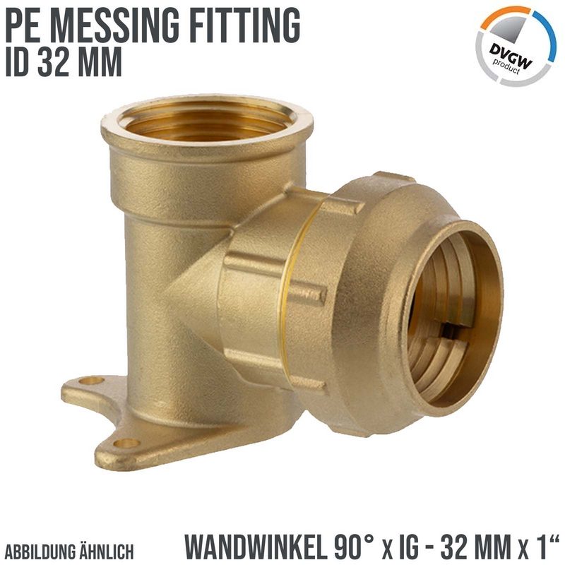 32 mm x 1" PE Fitting Klemm Verbinder Messing Wand Winkel 90° x IG DVGW - PN 16 bar