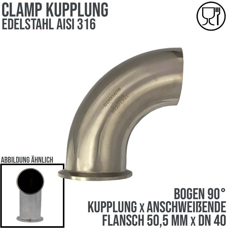 CLAMP Kupplung Bogen 90° 50,5 mm DIN 32676 Flansch Teller Anschweissende DN 40  1 1/2" - PN 16 bar