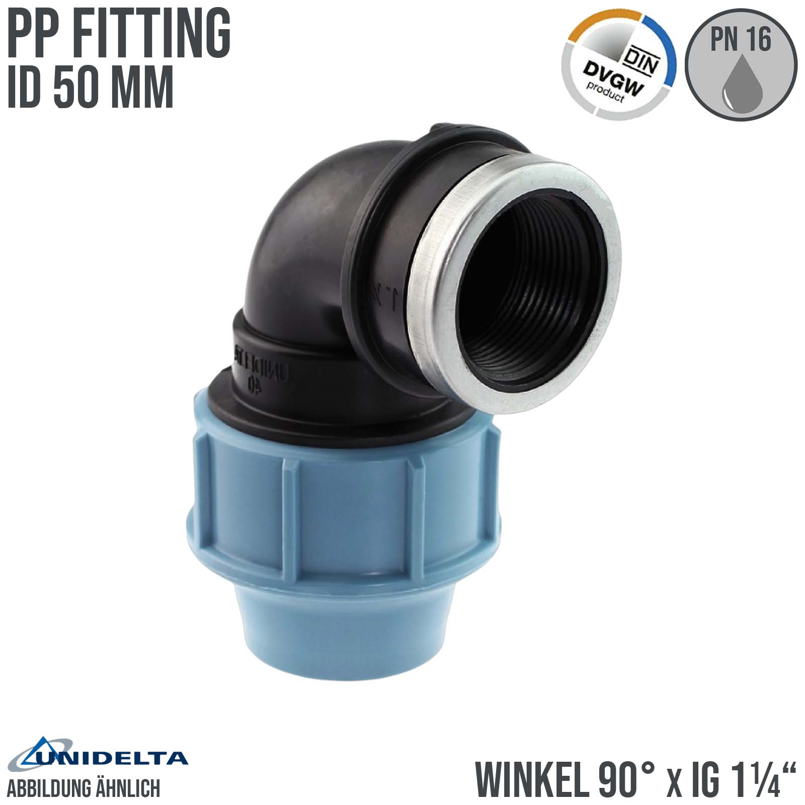 50 mm x 1 1/4" PE PP Fitting Klemm Verbinder Verschraubung Rohr Winkel 90° x IG DVGW - Unidelta 