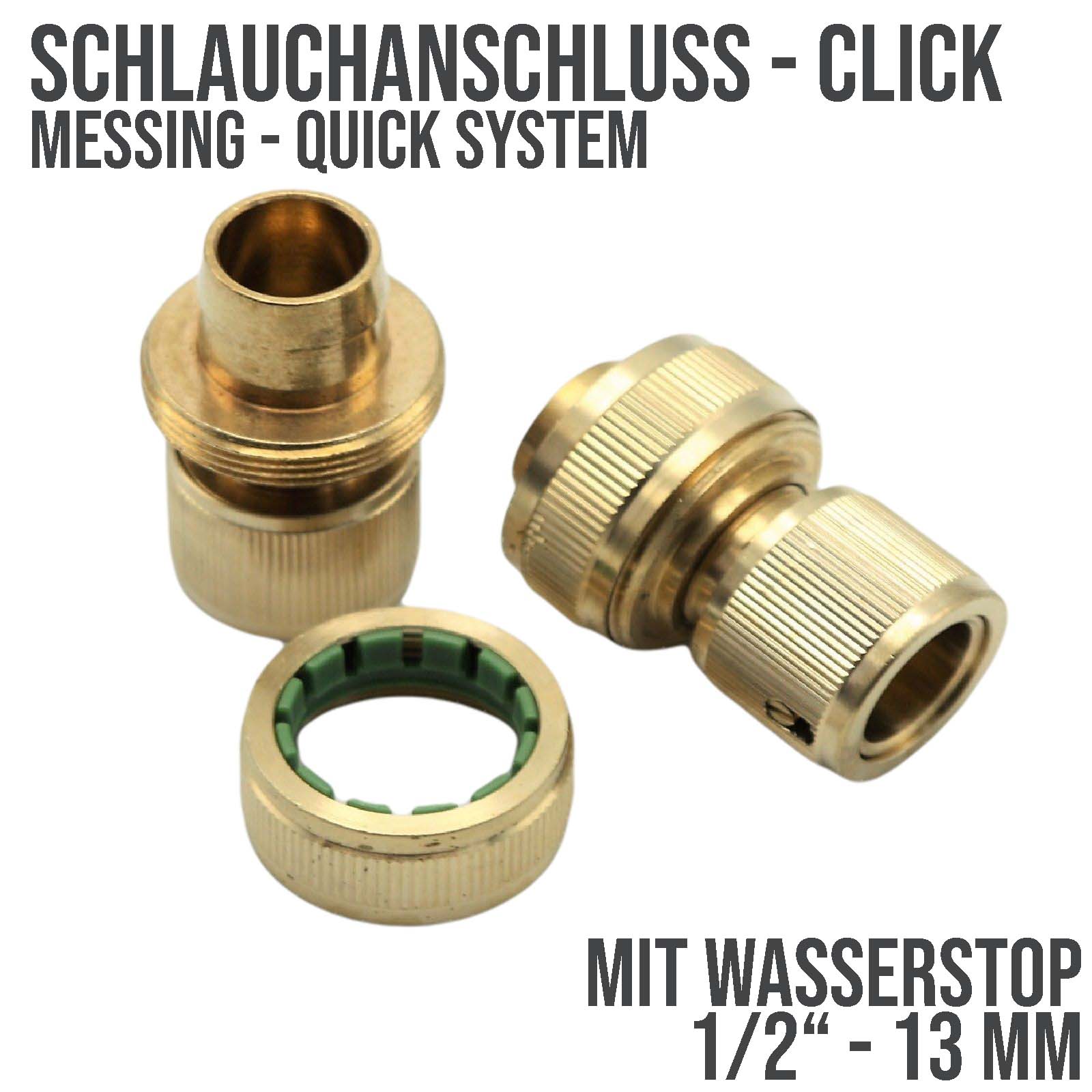 1/2" Schlauchstück Kupplung Click-System Quick Connect mit Wasser-Stop Messing (Gardena kompatibel)