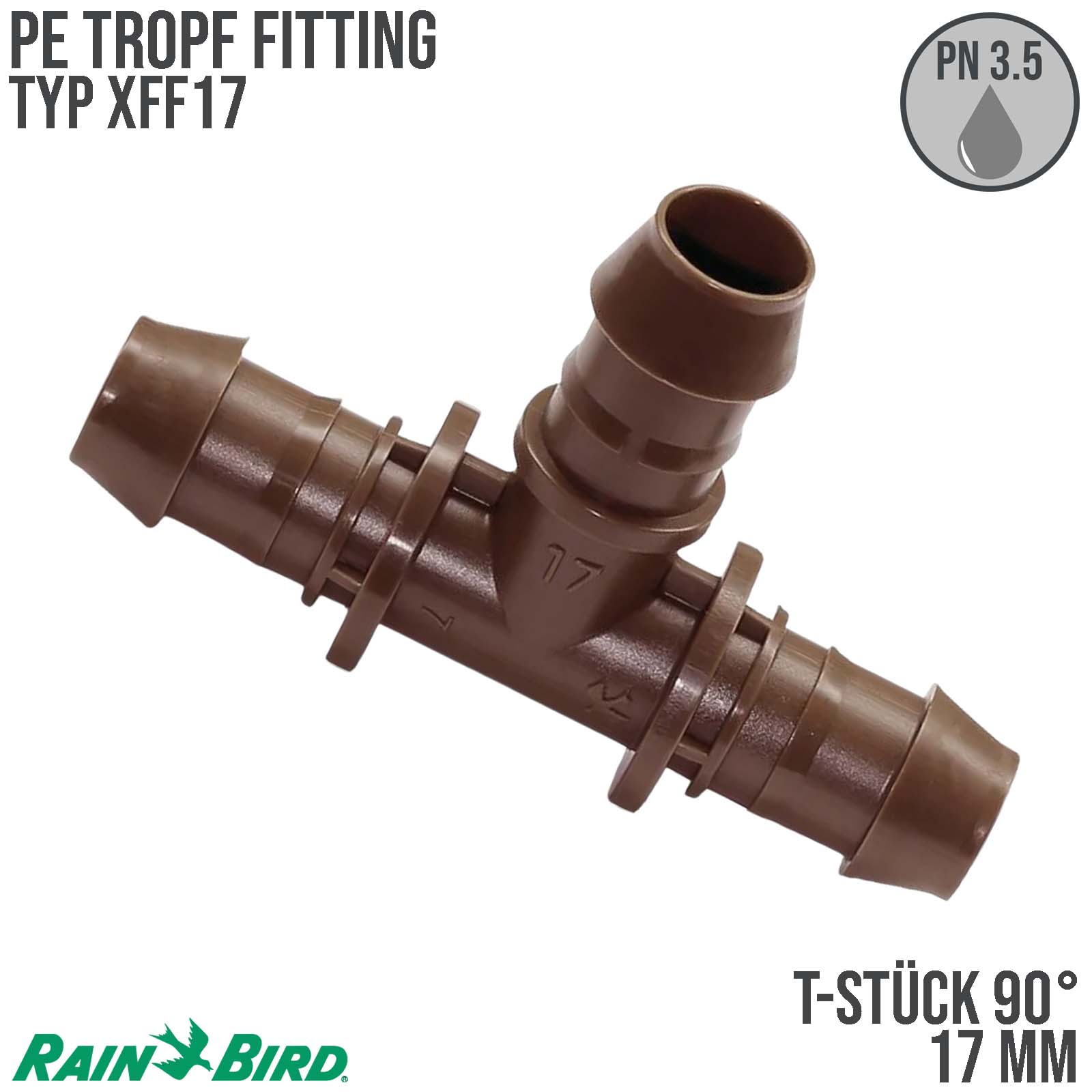 17 mm Rain Bird T-Stück 90° Kunststoff Tülle Tropf Fitting braun Typ XFF17 - PN 3,5 bar