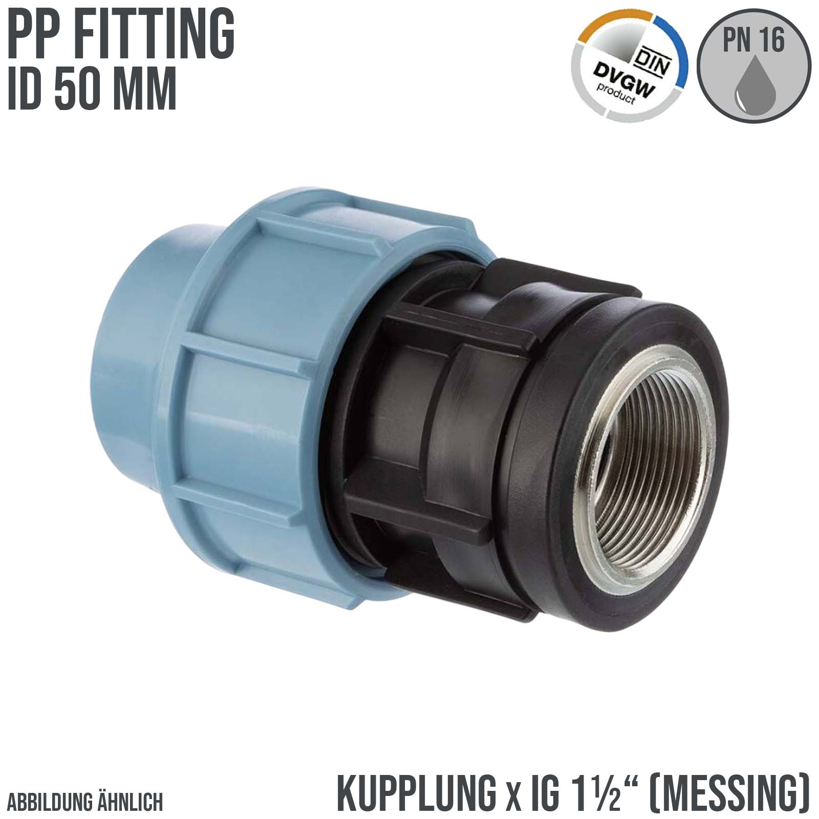 50 mm x 1 1/2" PE PP Fitting Klemm Verbinder Muffe Rohr Kupplung x Messing IG DVGW - Unidelta