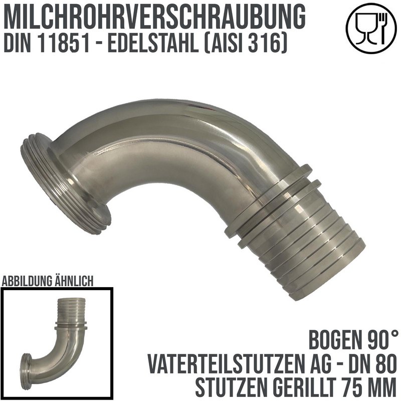 DN 80 Milchrohr Verschraubung DIN 11851 VT Vaterteil Stutzen 90° Bogen Außengewinde RD Sicherungsbund - Stutzen gerillt 75 mm - PN 25 bar