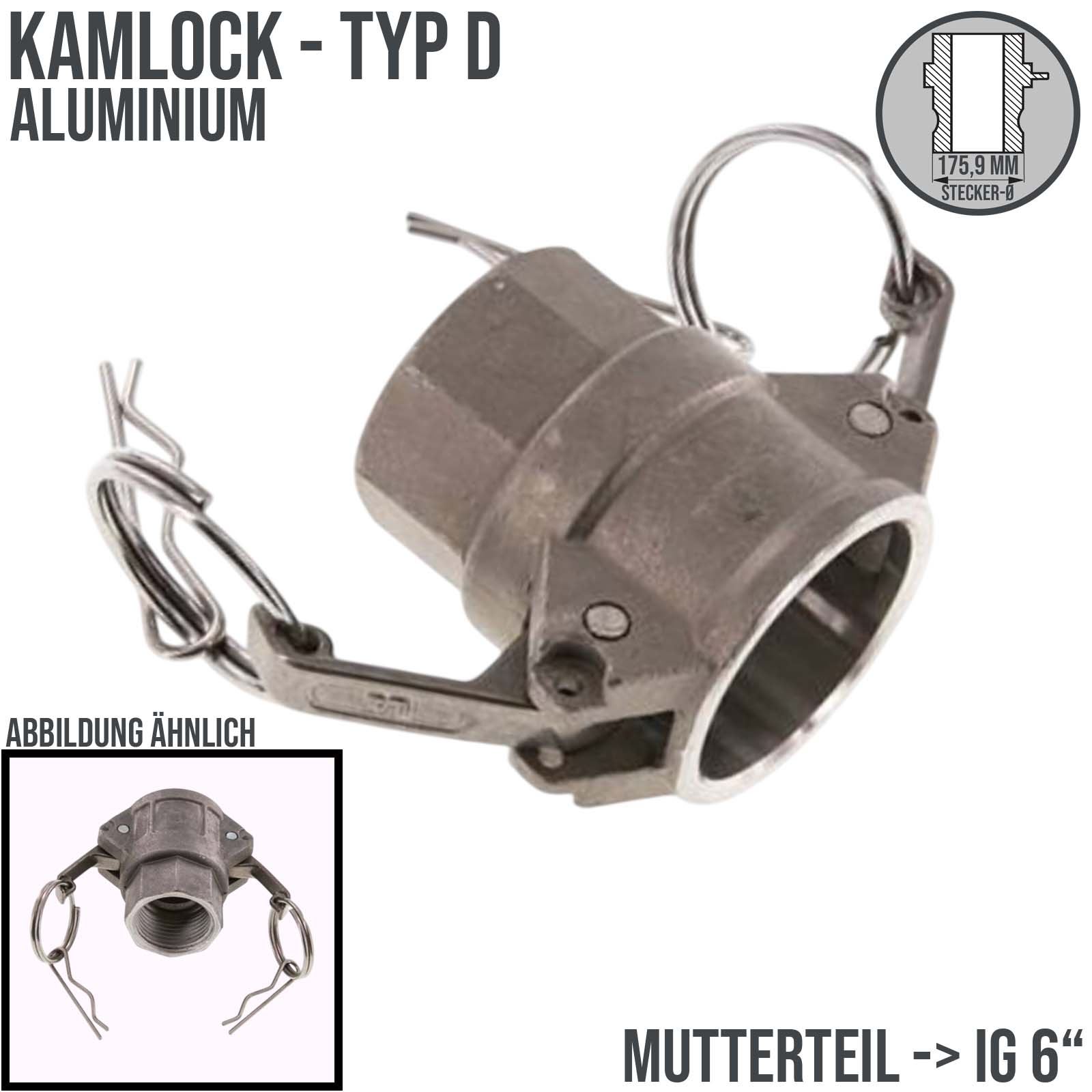 Kamlock Typ D - Mutterteil Aluminium ALU mit Innengewinde (IG) für Stecker 175,9 mm - 6" Zoll DN150 - PN 5 bar