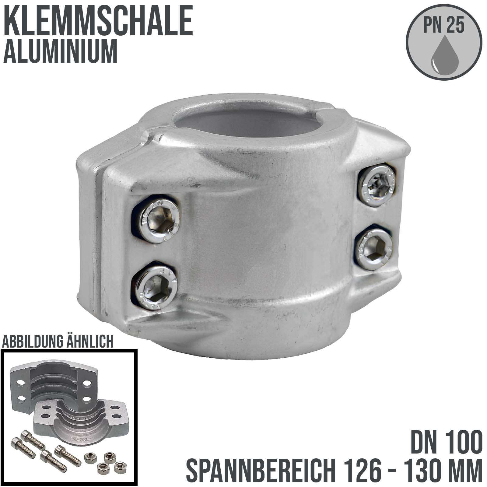 DN 100 Klemmschale Aluminium Spannbereich 126 - 130 mm für Schlauch ID x AD 100 x 128 mm - PN 25 bar