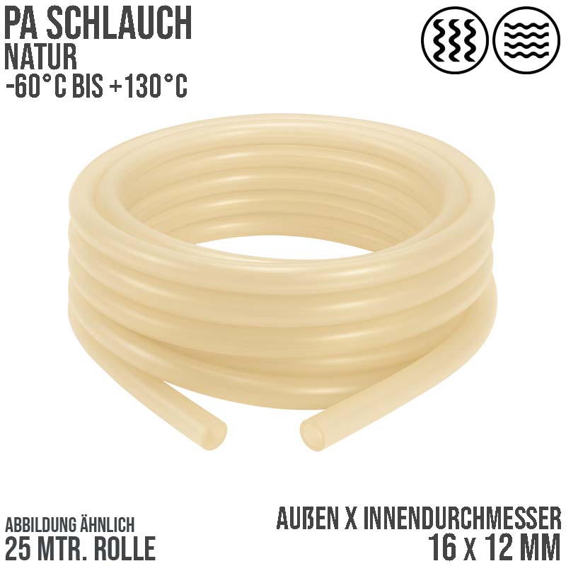 16 x 12 mm Polyamid PA Pneumatik Schlauch natur - PN 19 bar - 25 m