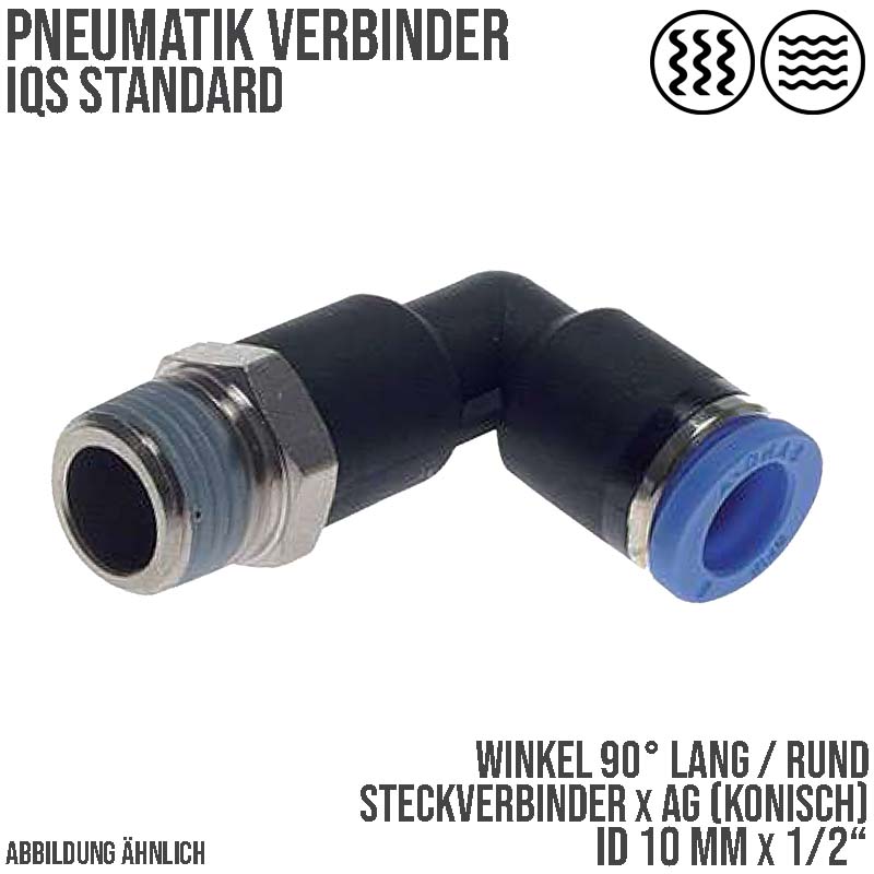 10 mm x 1/2" Pneumatik Steck Verbinder Winkel 90° rund lang rund IQS Außengewinde konisch - PN 20 bar