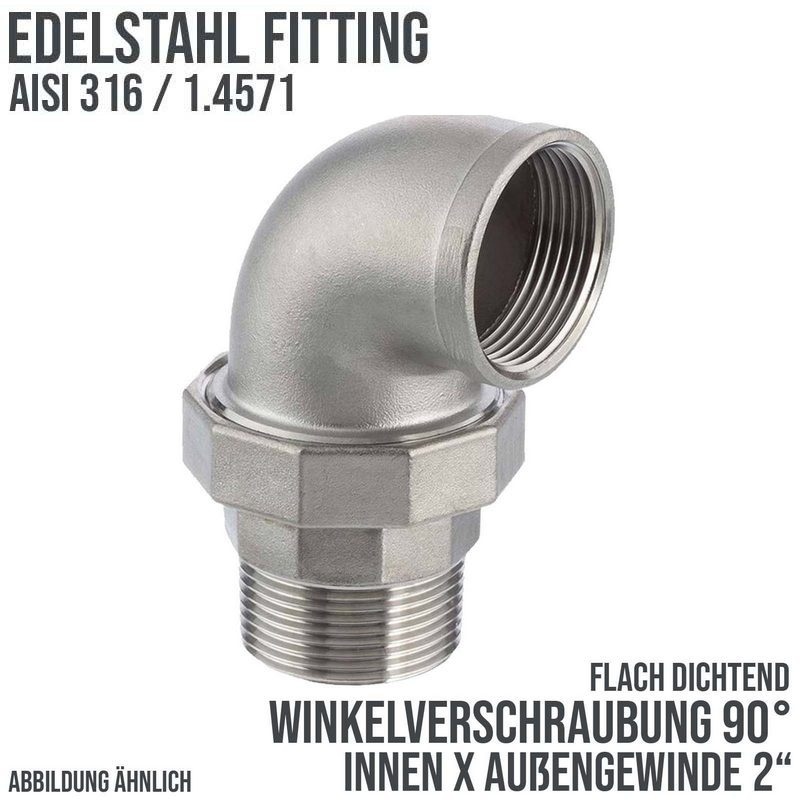 2" Edelstahl Fitting V4A AISI 316 Winkelverschraubung 90° Innen x Außengewinde IG x AG flach dichtend - PN 16 bar