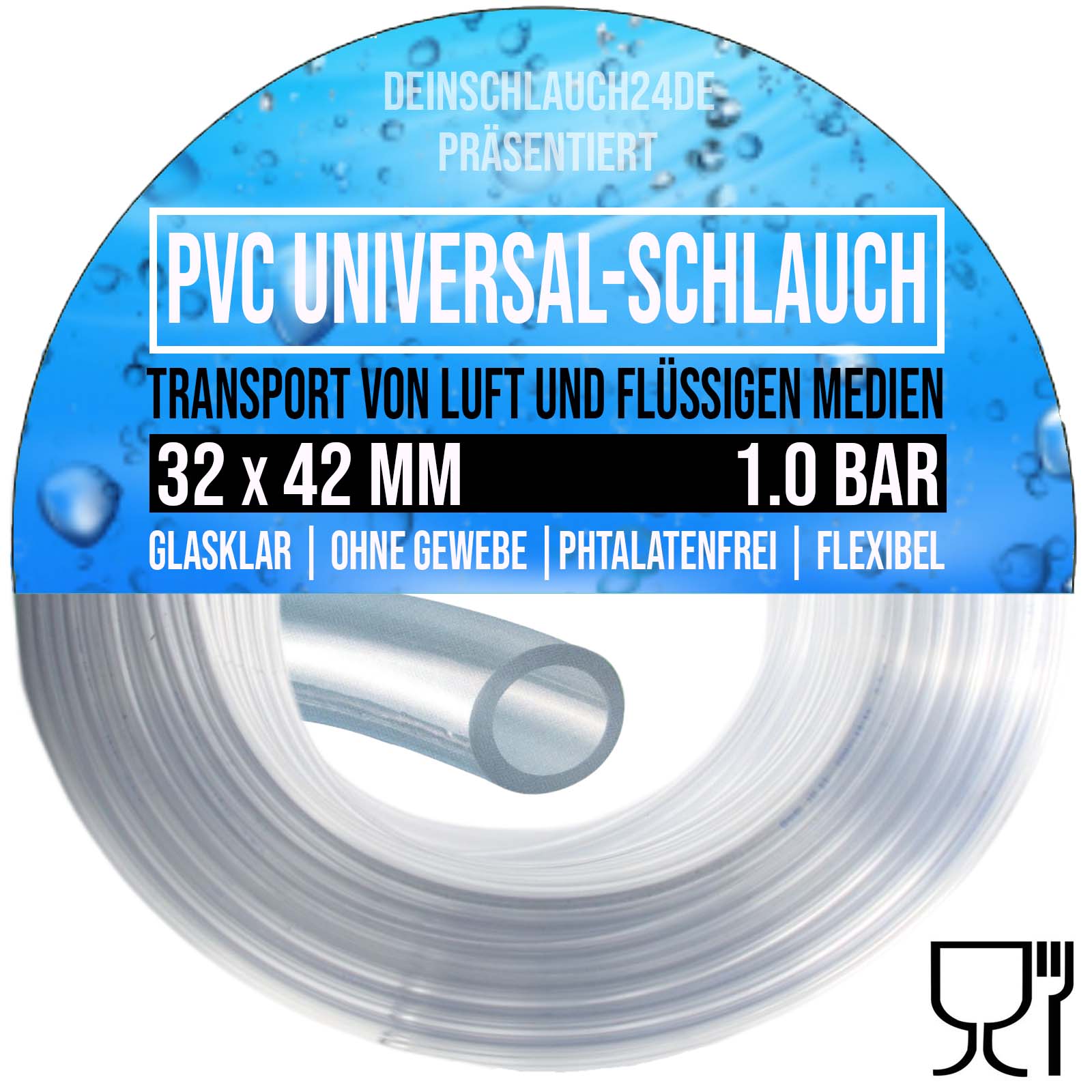 32 x 42 mm PVC Luft Filter Wasser Universal Labor Aquarium Terrarium Schlauch klar durchsichtig - PN 1 bar
