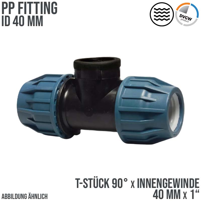 40 mm x 1" PE PP Fitting Klemm Verbinder Verschraubung Rohr T-Stück 90° x IG DVGW - PN 16 bar