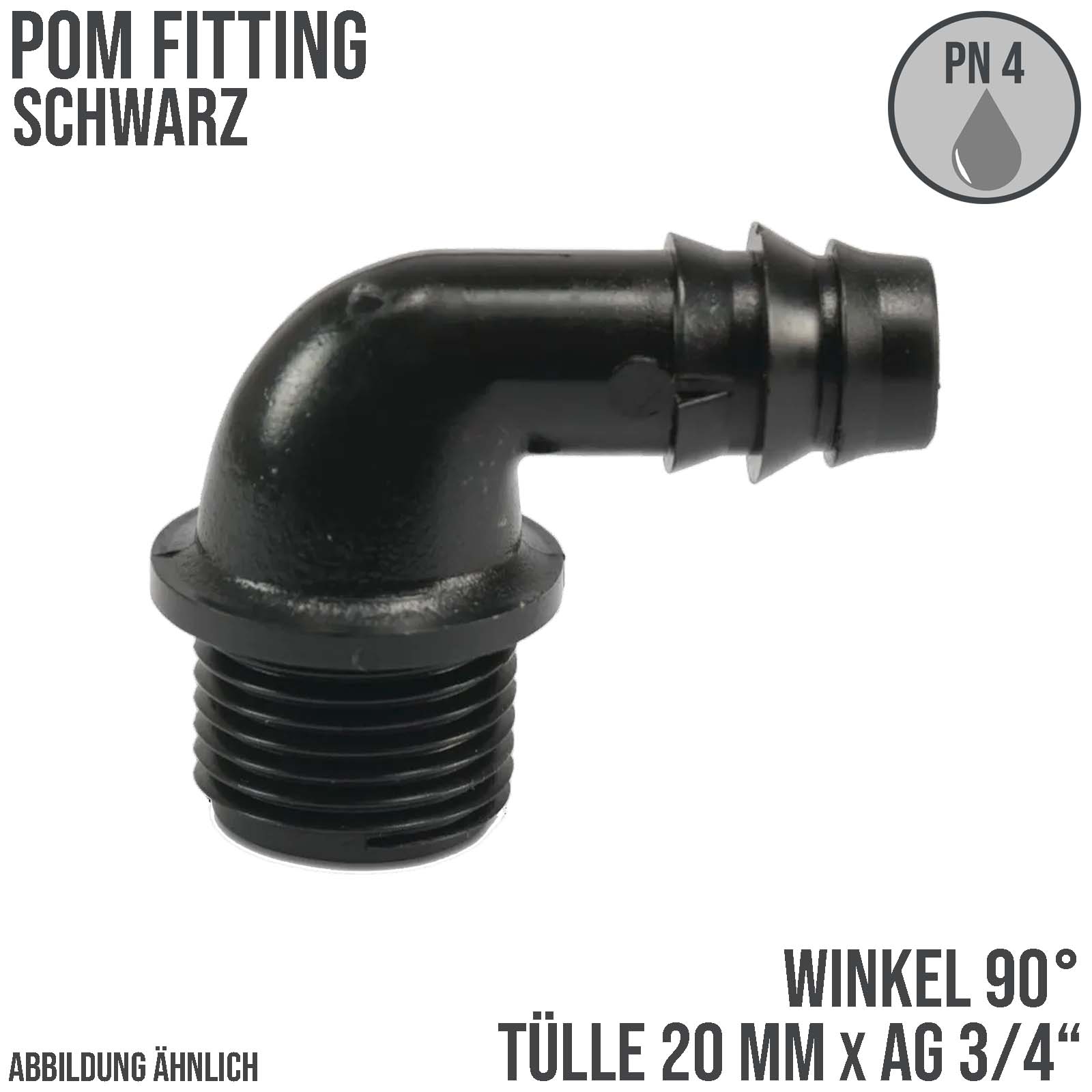 20 mm x 3/4" POM Winkel 90° Schlauch Verbinder Stutzen Tülle Außen Gewinde AG Tropf Fitting schwarz PN 6 bar