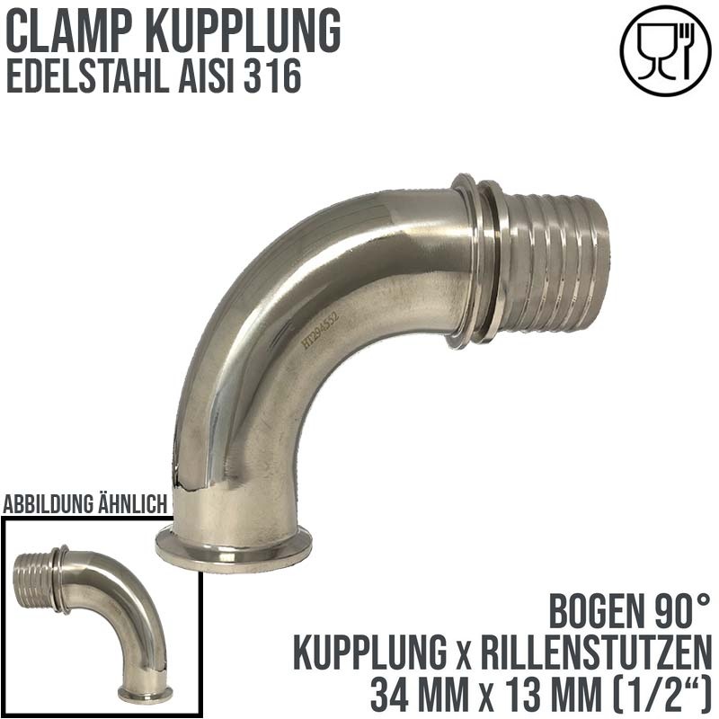 CLAMP Kupplung 90° Bogen 34 mm Schlauch Stutzen Tülle Rillen 13 mm 1/2" - PN 16 bar