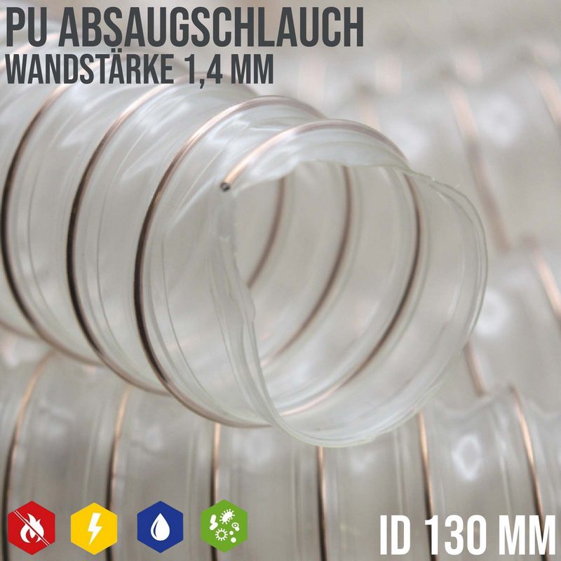 130 mm PU Saug Ansaug Druck Spiral Flex Staub Holz Metall Späne Schlauch Anlage - Wandstärke 1,4 mm - PN 0,83 bar