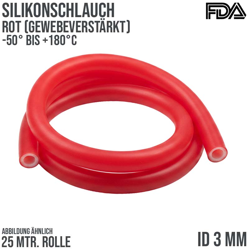 3 x 8 mm Silikon Silicon Schlauch Gewebe rot talkumiert lebensmittelecht FDA PN 20 bar - 25m