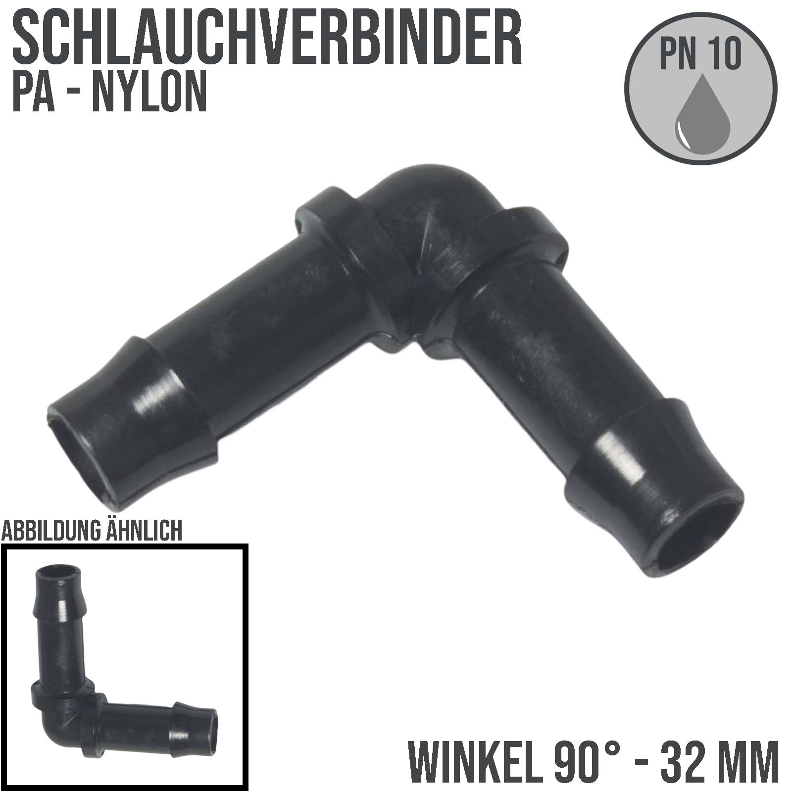 32 mm PA Nylon Winkel 90° Schlauch Verbinder Stutzen Doppel Tülle Kupplung Fitting WF schwarz PN 10 bar
