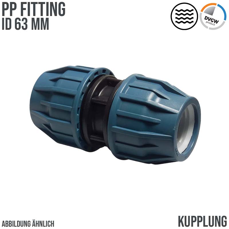 63 mm PE PP Fitting Klemm Verbinder Verschraubung Muffe Rohr Kupplung DVGW - PN 16 bar