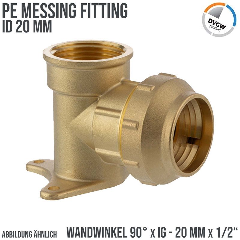 20 mm x 1/2" PE Fitting Klemm Verbinder Messing Wand Winkel 90° x IG DVGW - PN 16 bar
