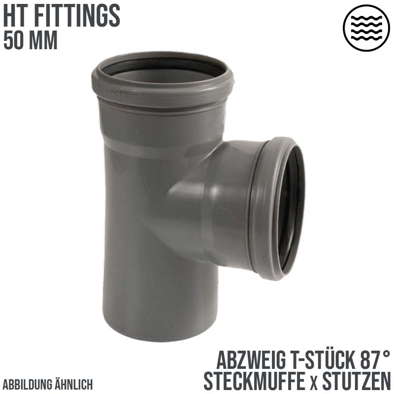 50 mm PP T-Stück 87° Abzweig Abfluß Abwasser HT KG Rohr Steckmuffe x Stutzen grau
