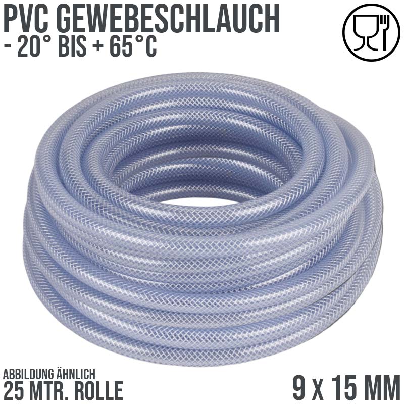 9 x 15 mm Gewebe Druckluft Universal Wasser Luft Kompressor Schlauch transparent PN 22 bar - 25 m