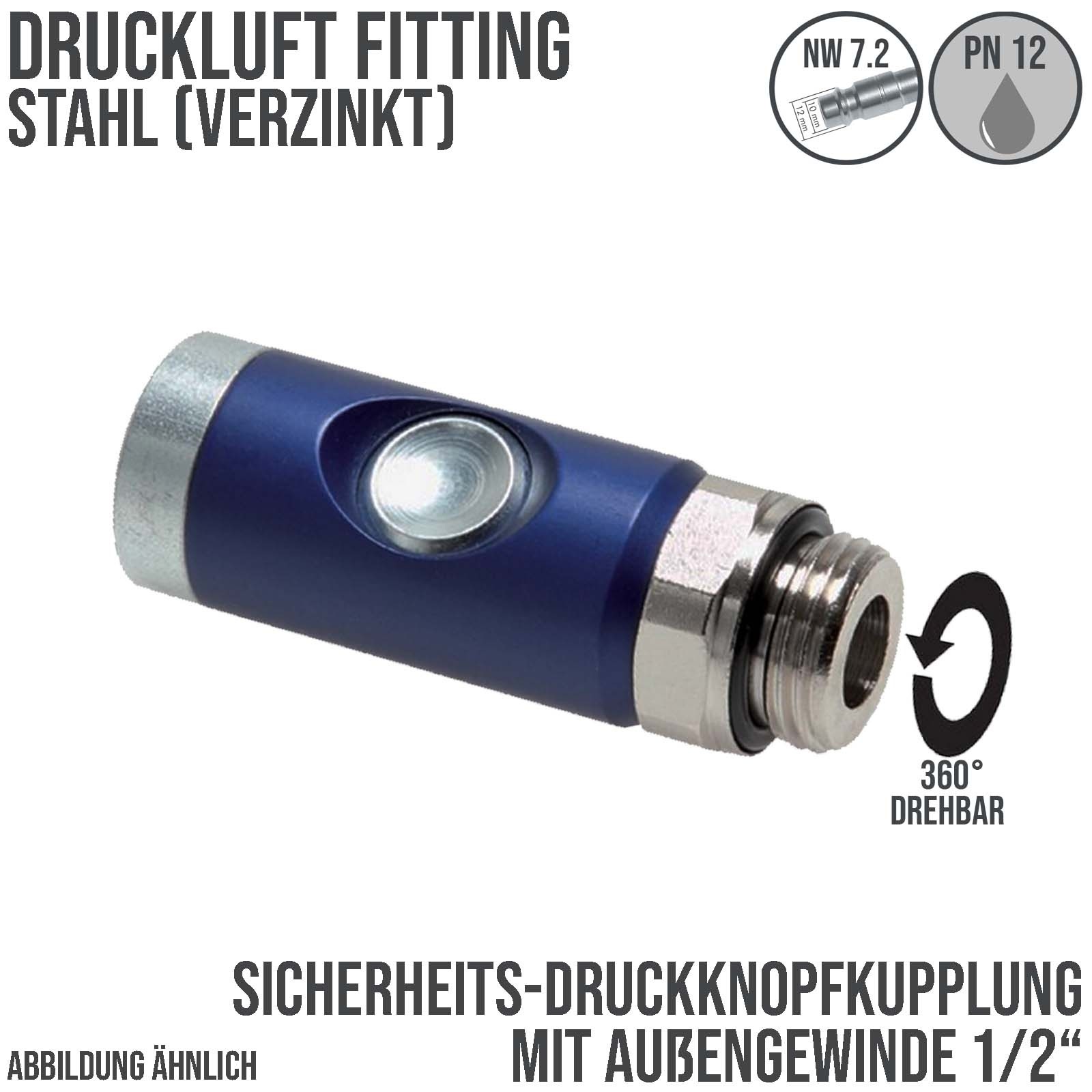 Druckluft Sicherheitskupplung drehbar Stahl verzinkt NW 7.2 Außengewinde AG 1/4" - PN 12 bar