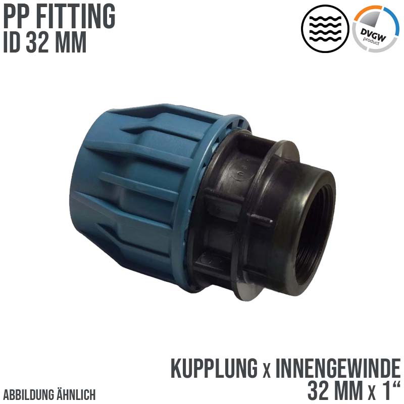 32 mm x 1" PE PP Fitting Klemm Verbinder Verschraubung Muffe Rohr Kupplung x IG DVGW - PN 16 bar