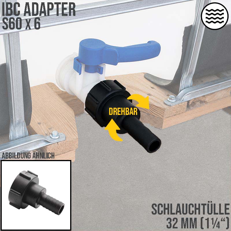 S60 x 6 IBC Adapter Tülle Stutzen drehbar 1 1/4" (32 mm) Container Fass Tank Zubehör PN 10 bar