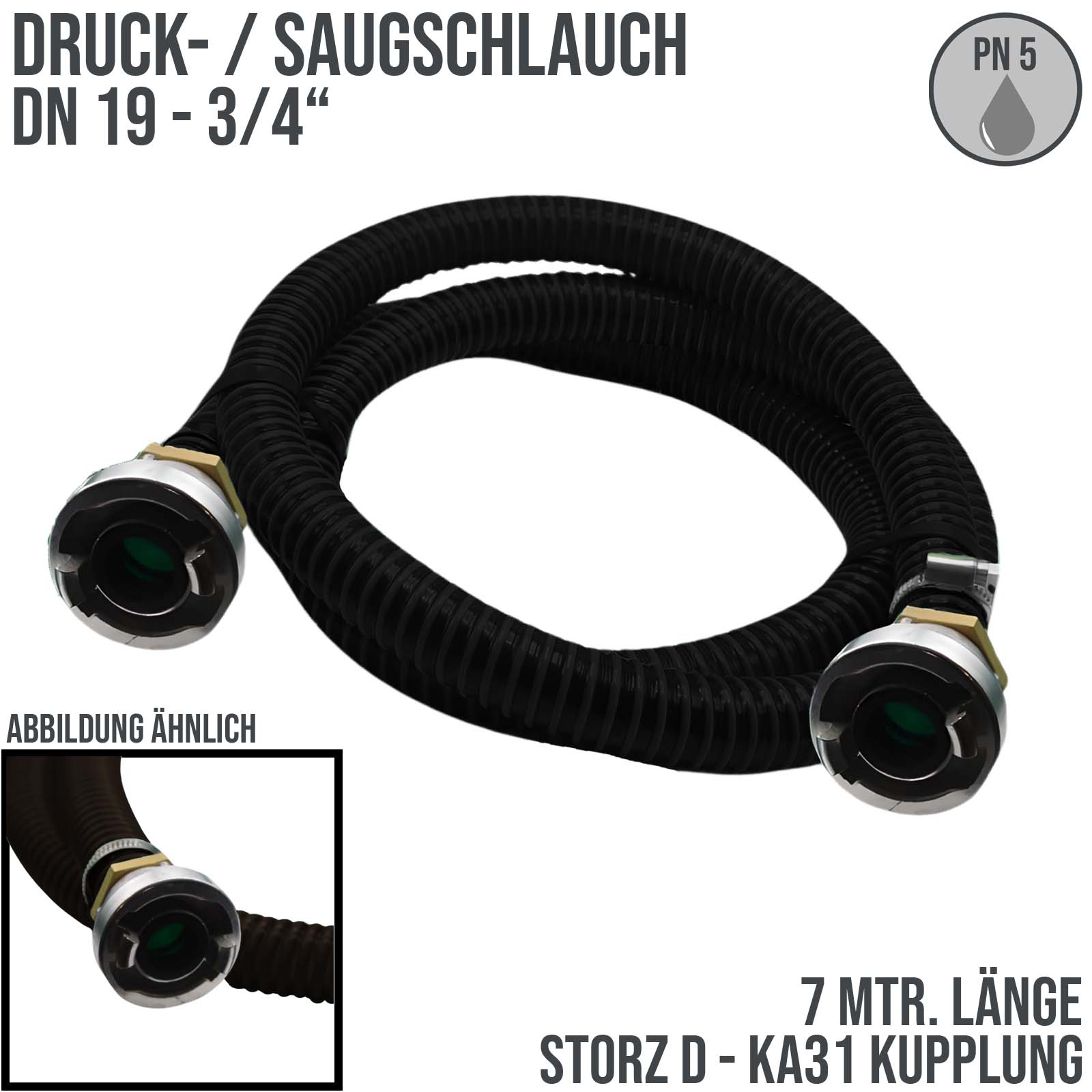 STORZ D DN25 KA31 - 19 mm 3/4" PVC Saug Ansaug Pumpen Spiral Schlauch PN 5 bar schwarz - 7 m Rolle