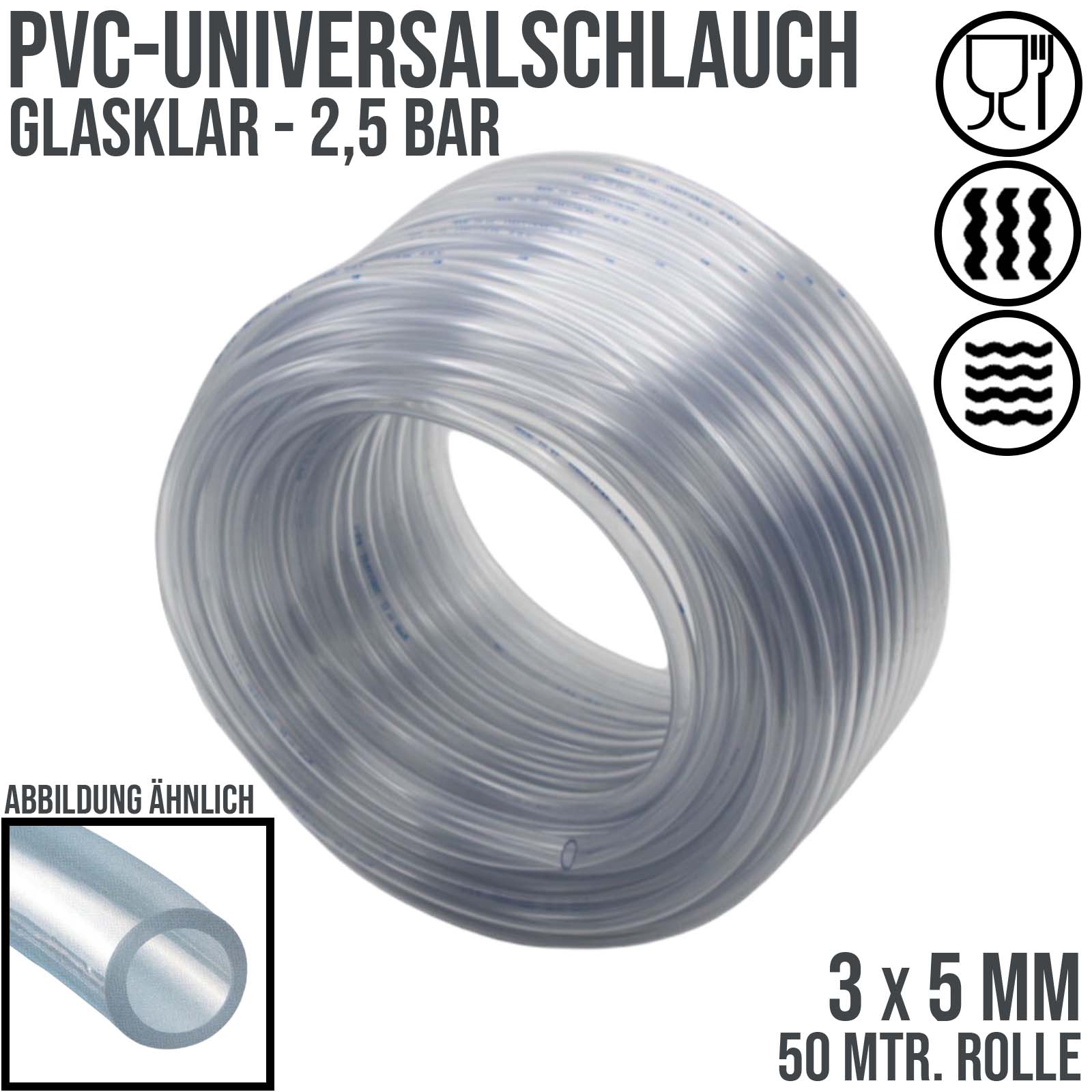 3 x 5 mm PVC Luft Filter Wasser Universal Labor Aquarium Terrarium Schlauch klar durchsichtig - PN 2,5 bar  - 50 m