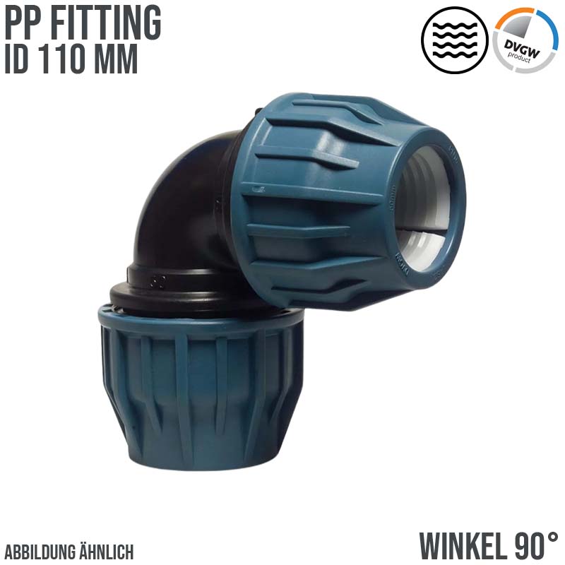 110 mm PE PP Fitting Klemm Verbinder Verschraubung Muffe Rohr Winkel 90° DVGW - PN 16 bar