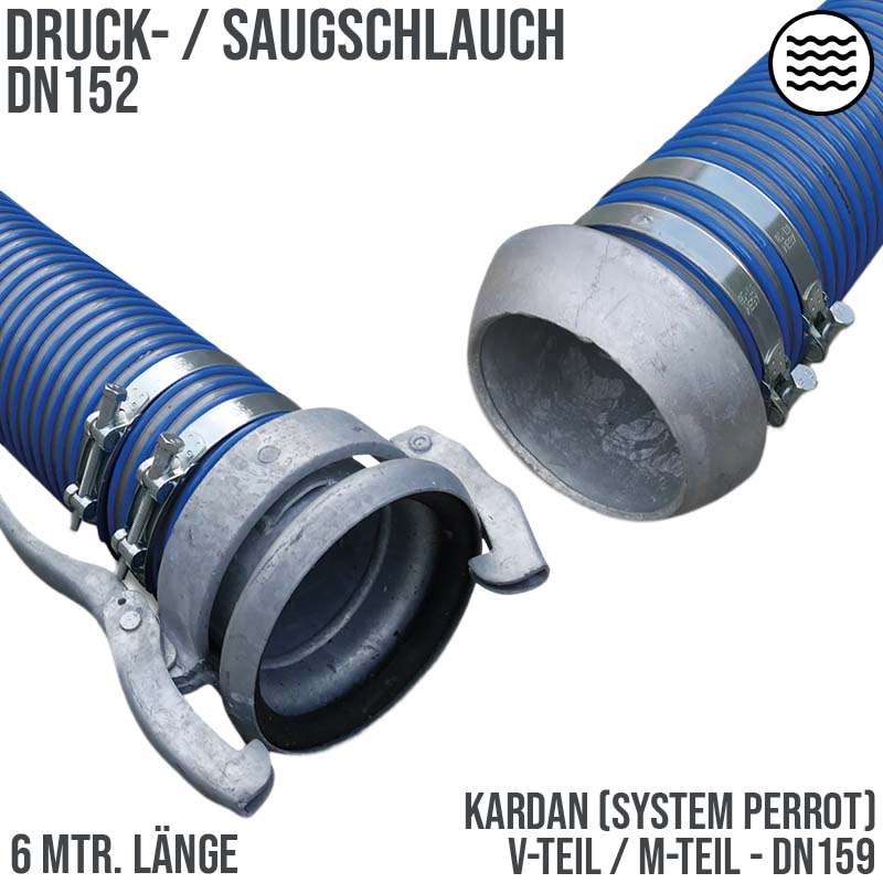 152 mm PVC Saug Druck Gülle Schlamm Schlauch Kardan DN 159 V-Teil M-Teil - 6 m