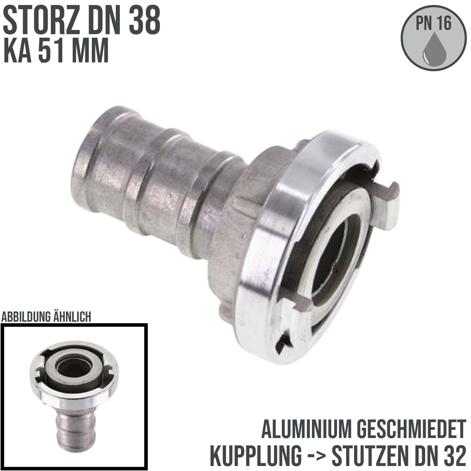 STORZ DN 38 KA 51 Saug Druck Kupplung -> Stutzen Tülle 32 mm Bau Feuerwehr Saug Schlauch Aluminium - PN 16 bar