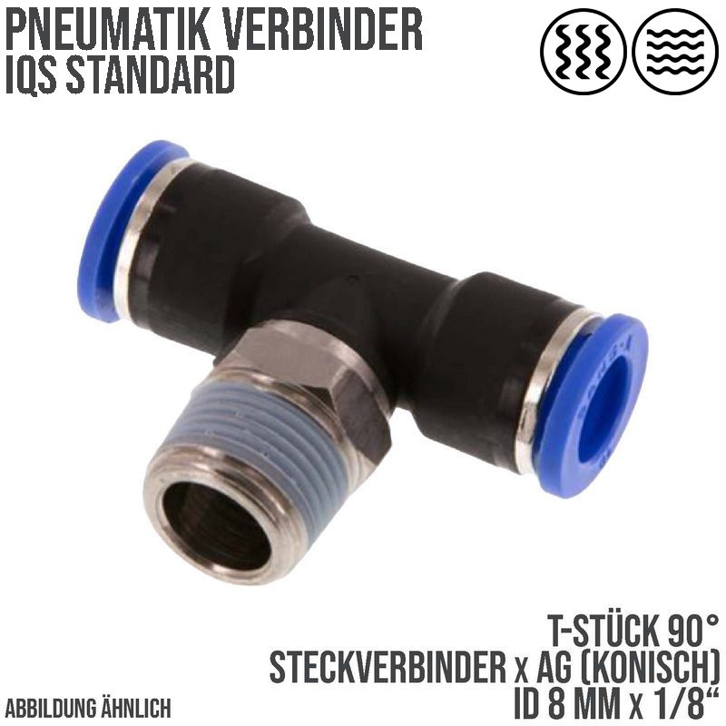 8 mm x 1/8" Pneumatik Steck Verbinder T-Stück 90° IQS Außengewinde konisch - PN 20 bar