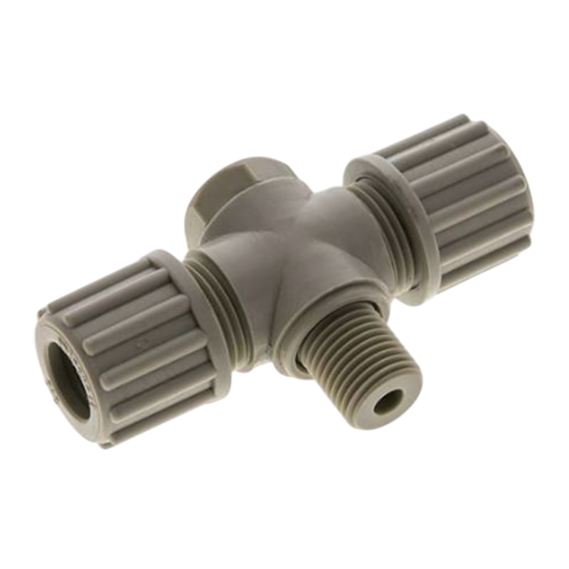 12 x 10 mm x 3/8" T-Stück 90° Kupplung Aussengewinde PA PP Schlauch Verbinder FDA drehbar - PN 10 bar