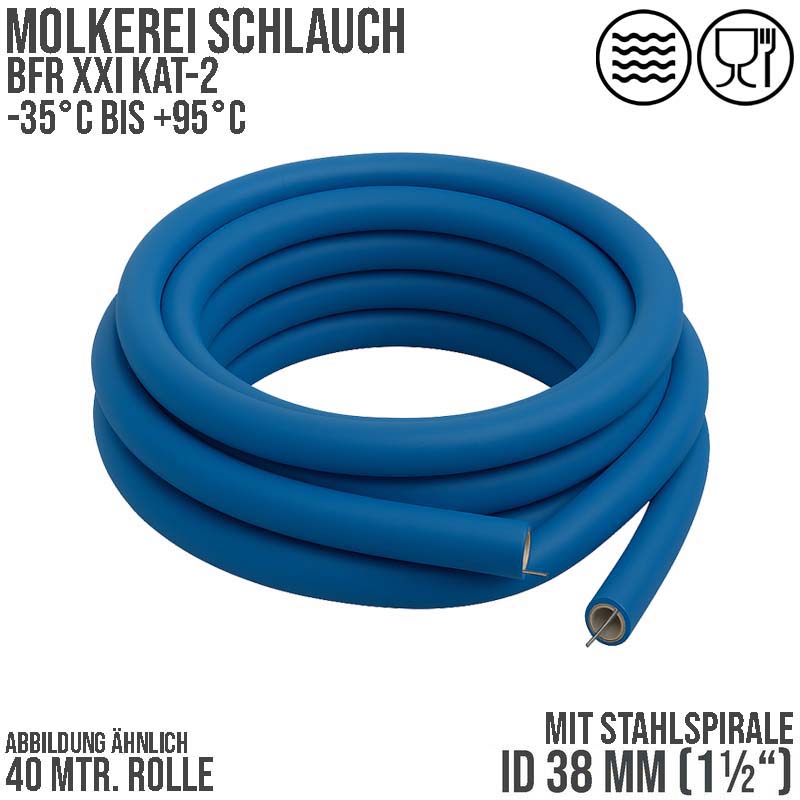 38 mm 1 1/2" Molkerei Milch Lebensmittel Schlauch Stahlspirale BfR FDA NBR NVC blau weiß - PN 10 bar - 40 m Rolle