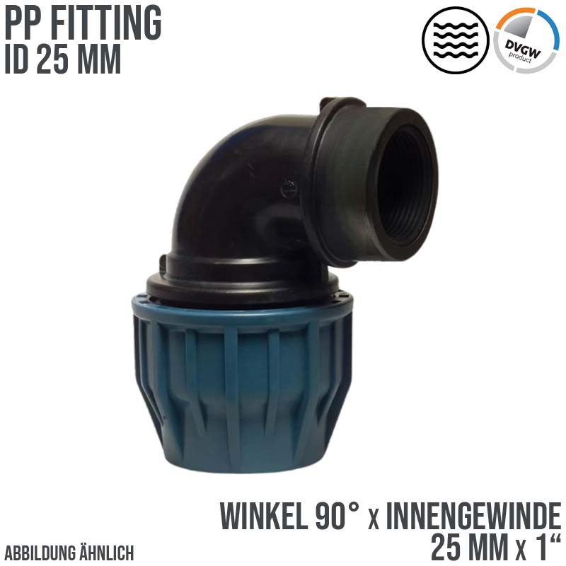 25 mm x 1" PE PP Fitting Klemm Verbinder Verschraubung Rohr Winkel 90° x IG DVGW - PN 16 bar