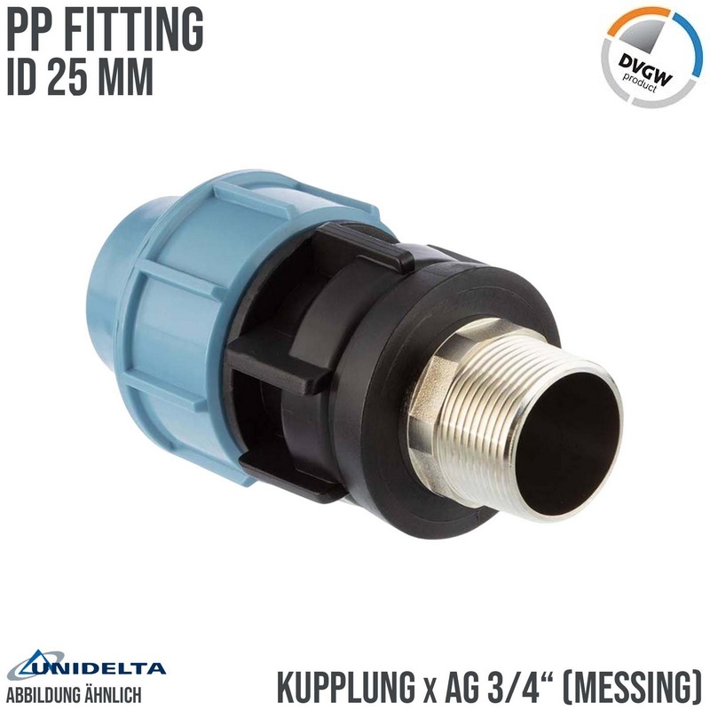 25 mm x 3/4" PE PP Fitting Klemm Verbinder Muffe Rohr Kupplung x Messing AG DVGW - Unidelta