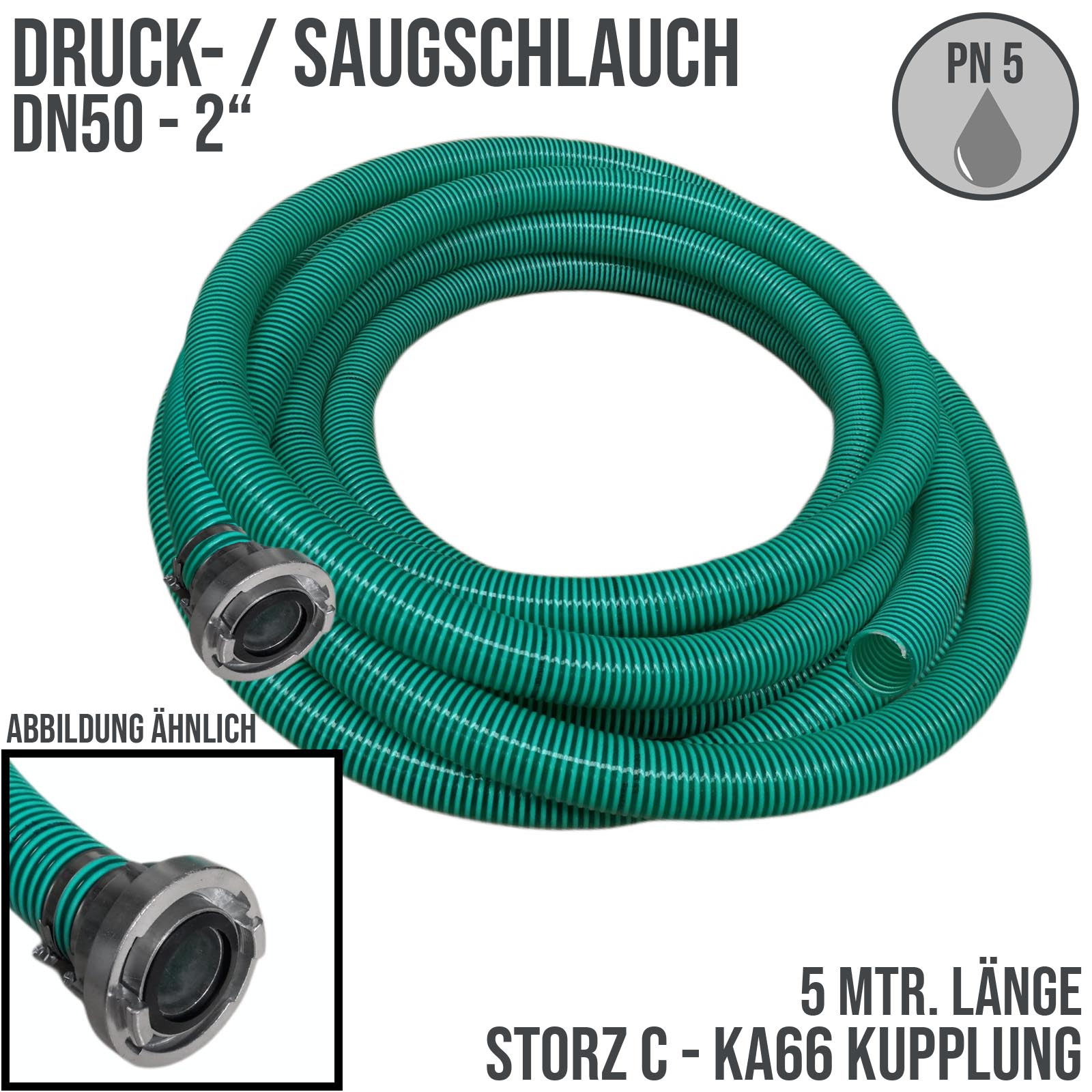 STORZ C DN52 KA66 einseitig - 50 mm 2" PVC Saug Ansaug Pumpen Spiral Schlauch PN 5 bar grün - 5 m Rolle