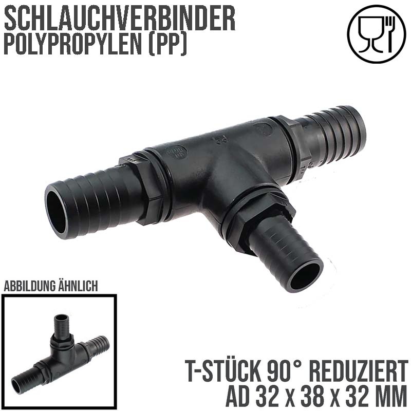 32 x 38 x 32 mm T-Stück 90° PP Schlauch Verbinder 3-fach Stutzen Tülle Pool Teich Garten schwarz - PN 6 bar