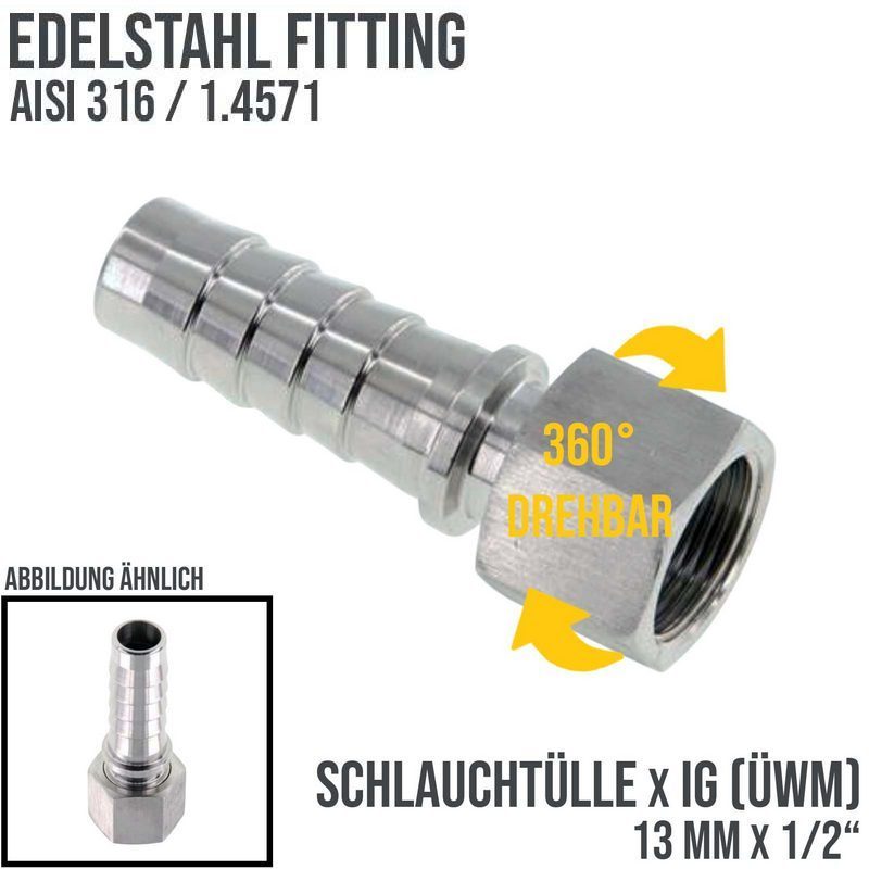 1/2" x 13 mm Schlauch Tülle Stutzen Innengewinde IG ÜWM Nippel Edelstahl AISI 316 VA Fitting - PN 18 bar