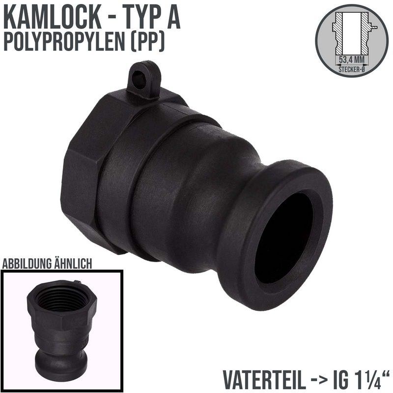 Kamlock Typ A - Vaterteil PP Polypropylen - 53,4 mm Stecker mit Innengewinde (IG) 1 1/2" Zoll DN 38  - PN 6 bar