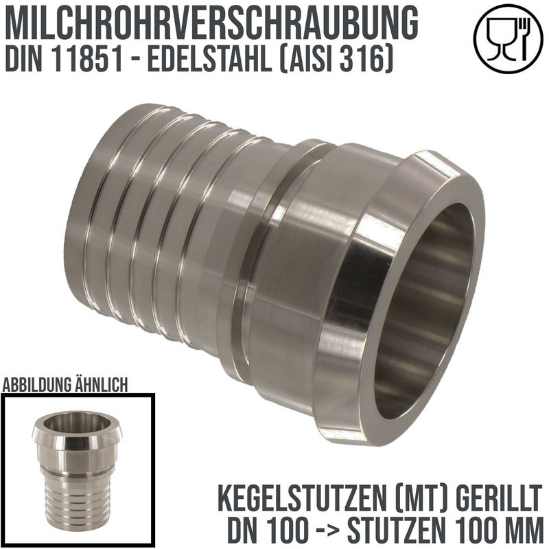 DN 100 Milchrohr Verschraubung DIN 11851 Mutterteil Kegel Stutzen Sicherungsbund - Stutzen gerillt 100 mm - PN 25 bar